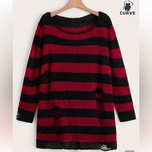 SHEIN Curve Killstar Red and Black Striped Distressed Sweater size 3X